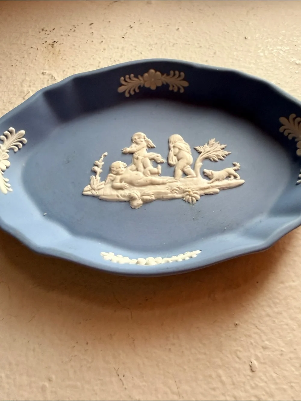 Wedgewood Blue Jasperware Cherub Oval Trinket Dish Made in England